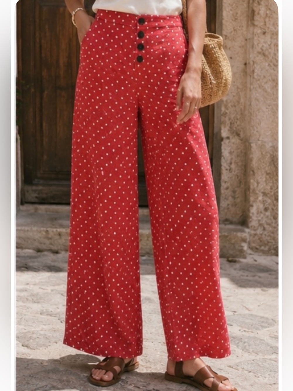 Stradivarius Linen Red Polka Dot High-Waist Wide-Leg Pants